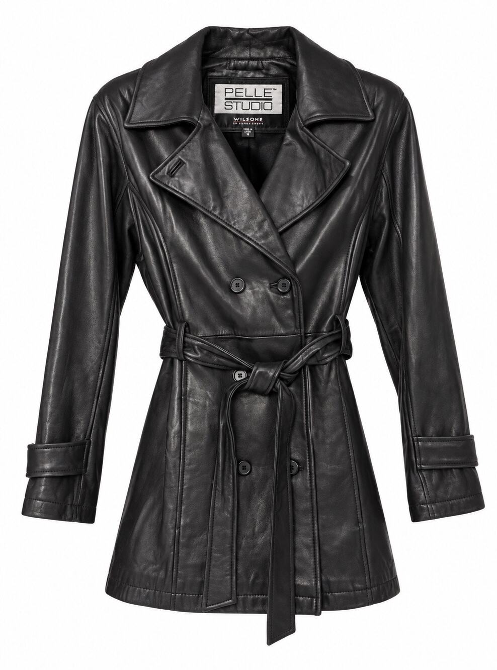 Wilsons Pelle Studio Genuine Leather Belted Coat Women's M Black 31"